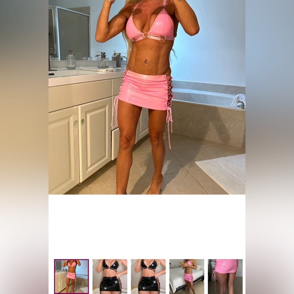 -#7 Hot Pink Lace-Up Mini Skirt & Strappy Bra Set